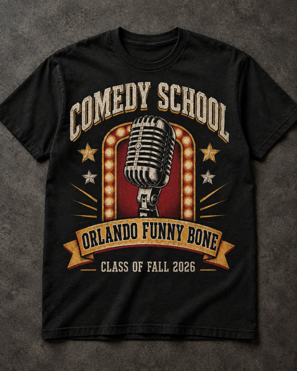 Comedy School grad shirt front: Orlando Funny Bone, Class of Fall 2026